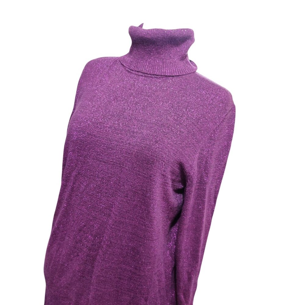 Plus Size 2X Womens Purple Sweater Metallic Shimmer Turtleneck Ribbed Cuff Tunic - Picture 11 of 15